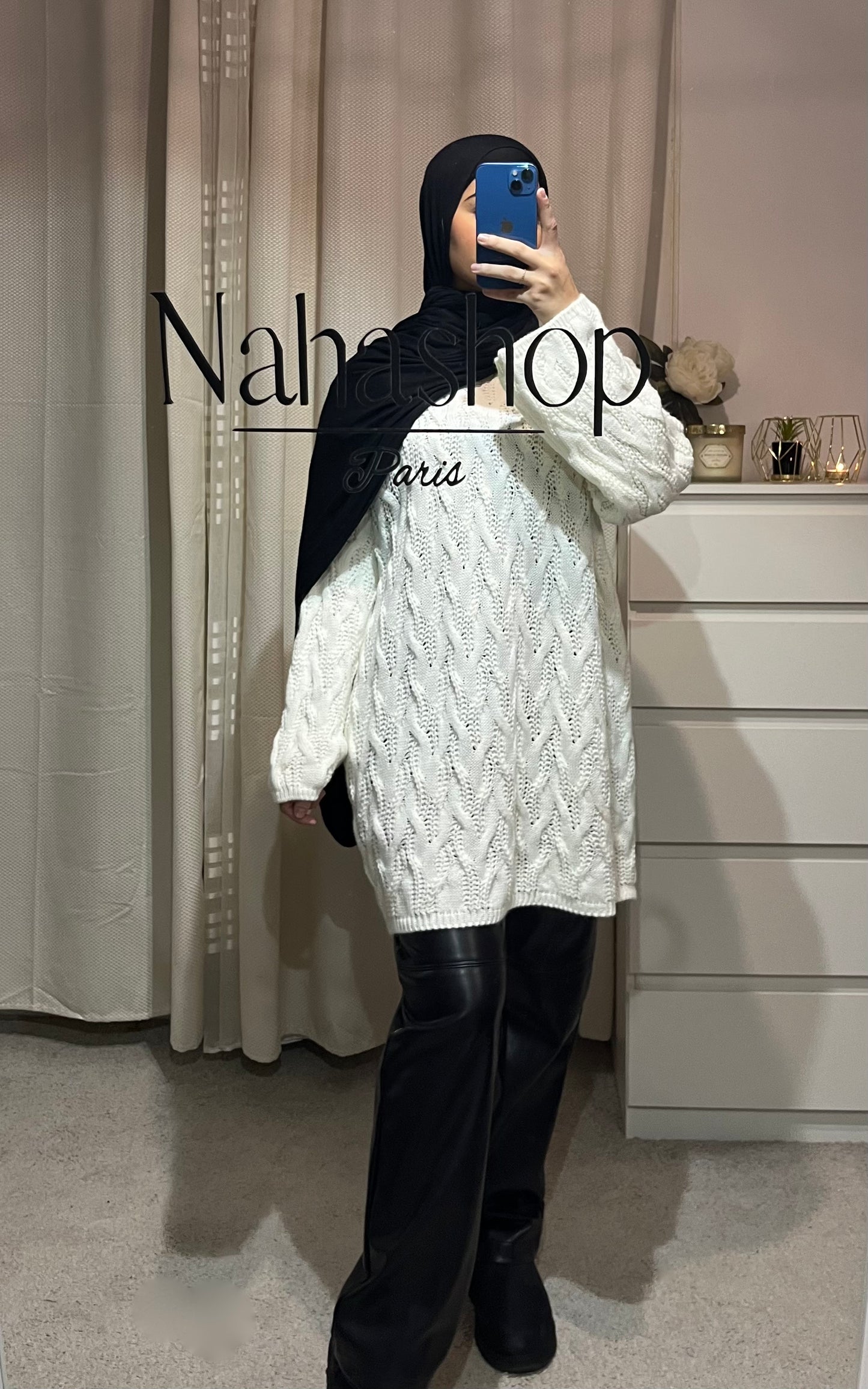 Oversize-Pullover mit Zopfmuster WEISS 